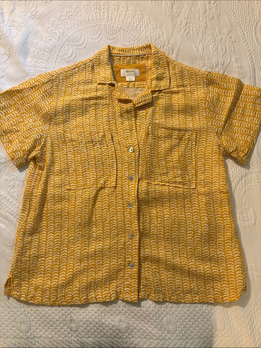 Maeve Yellow and White Patterned Short-Sleeve Button-Up